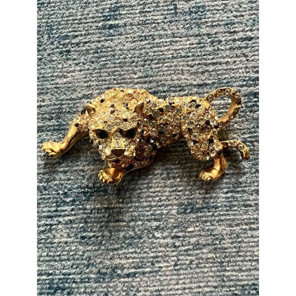 Gold Tone Big Cat Jaguar Leopard Rhinestone Brooch
